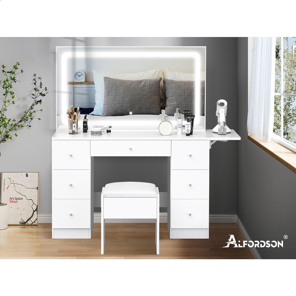 ALFORDSON Dressing Table Stool Set Makeup Mirror LED Vanity Desk 7 Drawers - Picture 21 of 34