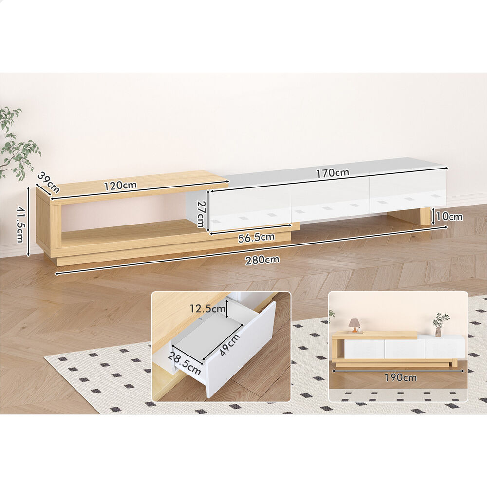 ALFORDSON Extendable Entertainment Unit TV Cabinet 190-280cm Stand Storage Shelf - Picture 59 of 60