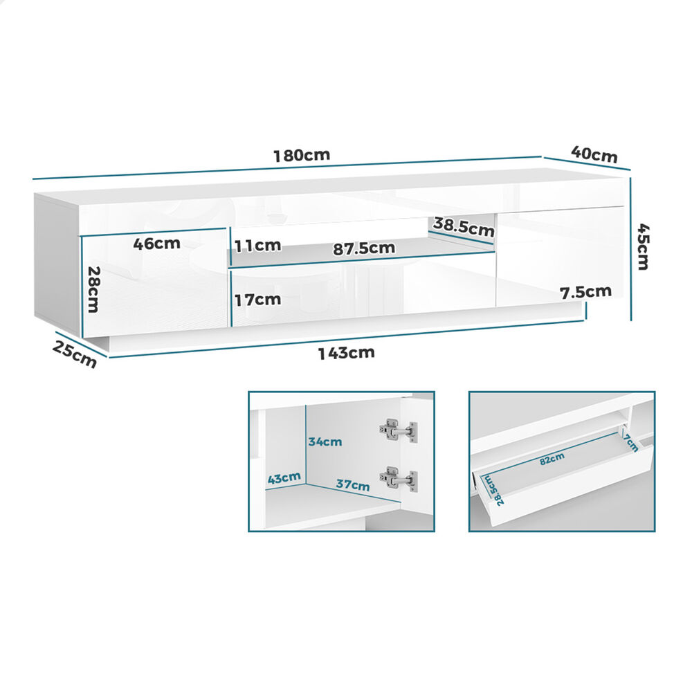 ALFORDSON Entertainment Unit 180cm TV Cabinet Stand LED Light High Gloss Drawer - Picture 47 of 48