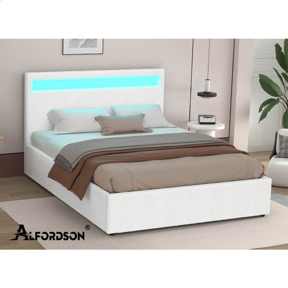 ALFORDSON Bed Frame Double Queen King RGB LED Gas Lift Storage Base Boucle - Picture 26 of 38
