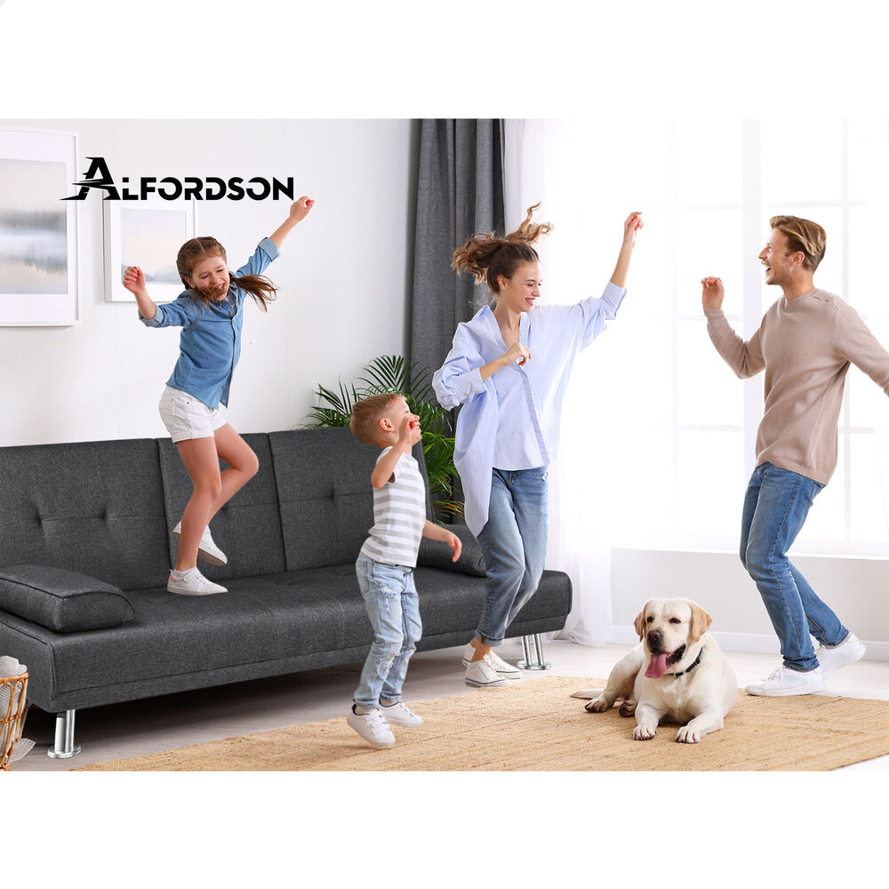 ALFORDSON Sofa Bed Lounge 3 Seater Futon Couch Beds Recliner Cup Holder - Picture 15 of 27