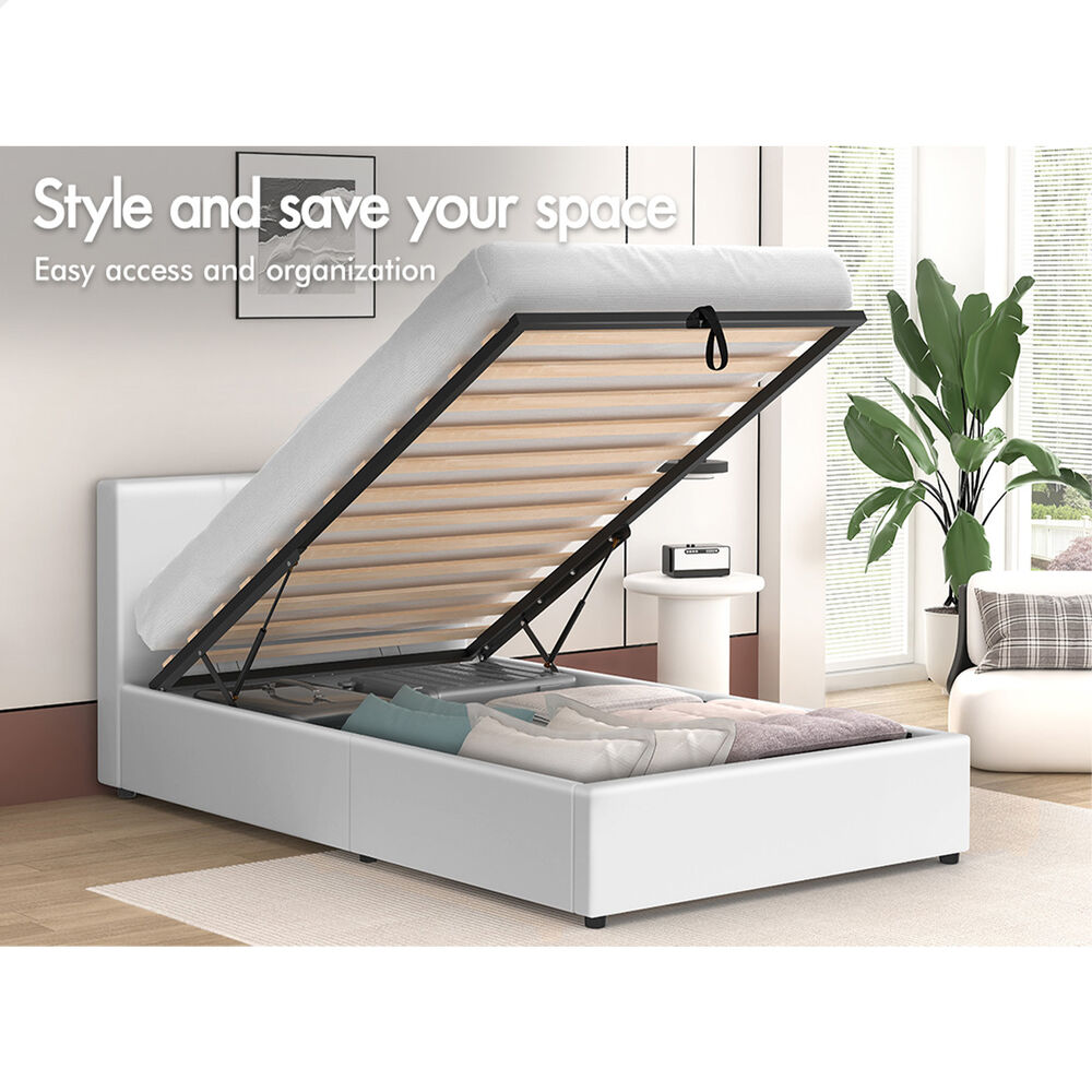 ALFORDSON Bed Frame Queen Double King Single Gas Lift Storage Base White Leather - Picture 53 of 62
