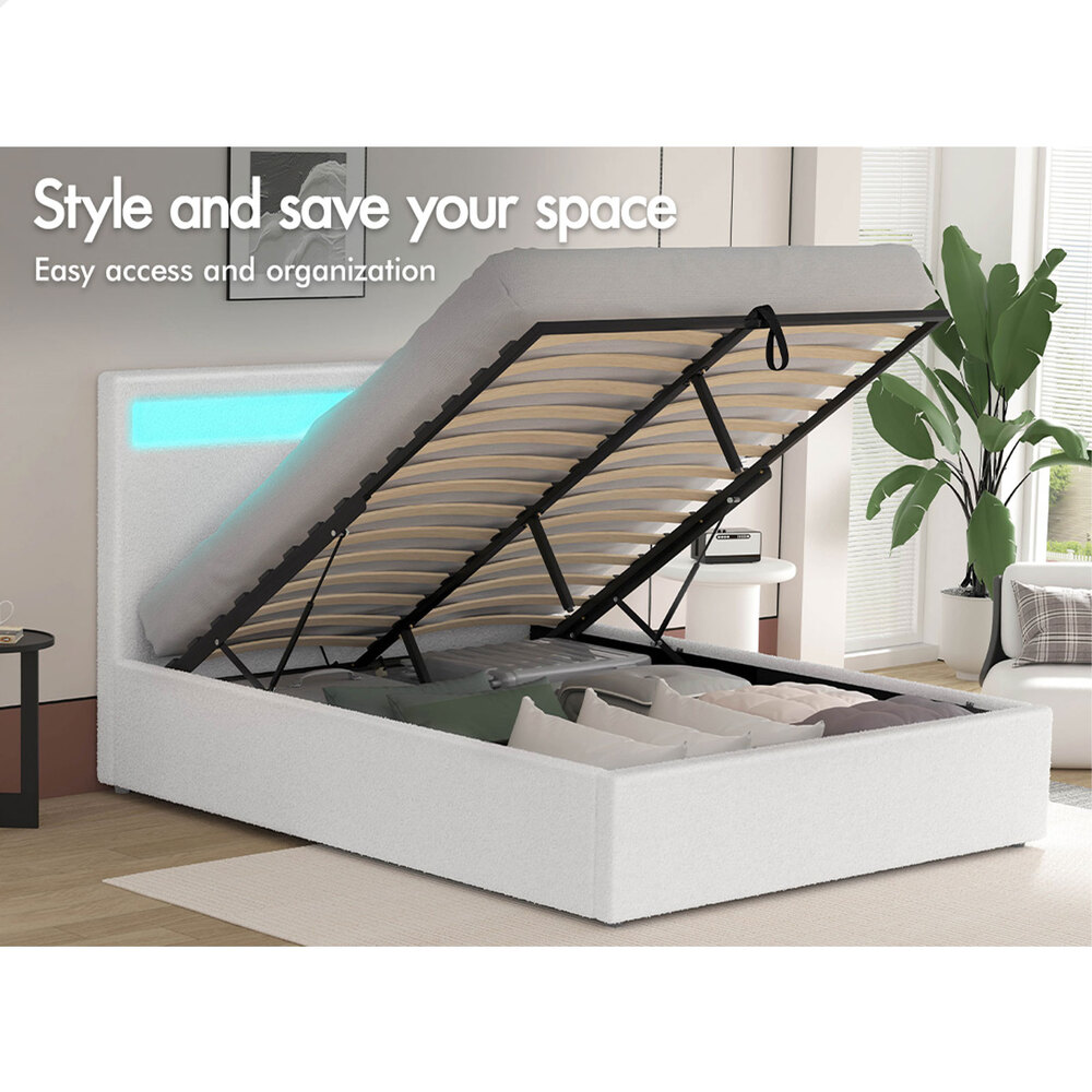 ALFORDSON Bed Frame Double Queen King RGB LED Gas Lift Storage Base Boucle - Picture 5 of 38
