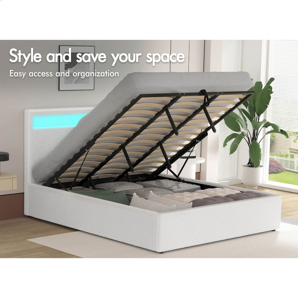 ALFORDSON Bed Frame Double Queen King RGB LED Gas Lift Storage Base Boucle - Picture 17 of 38