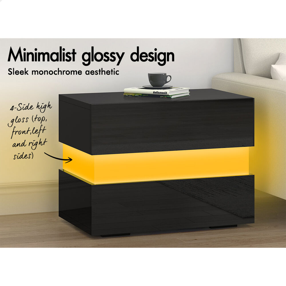 ALFORDSON Bedside Table RGB LED Nightstand 2/3 Drawers 4 Side High Gloss - Picture 27 of 111