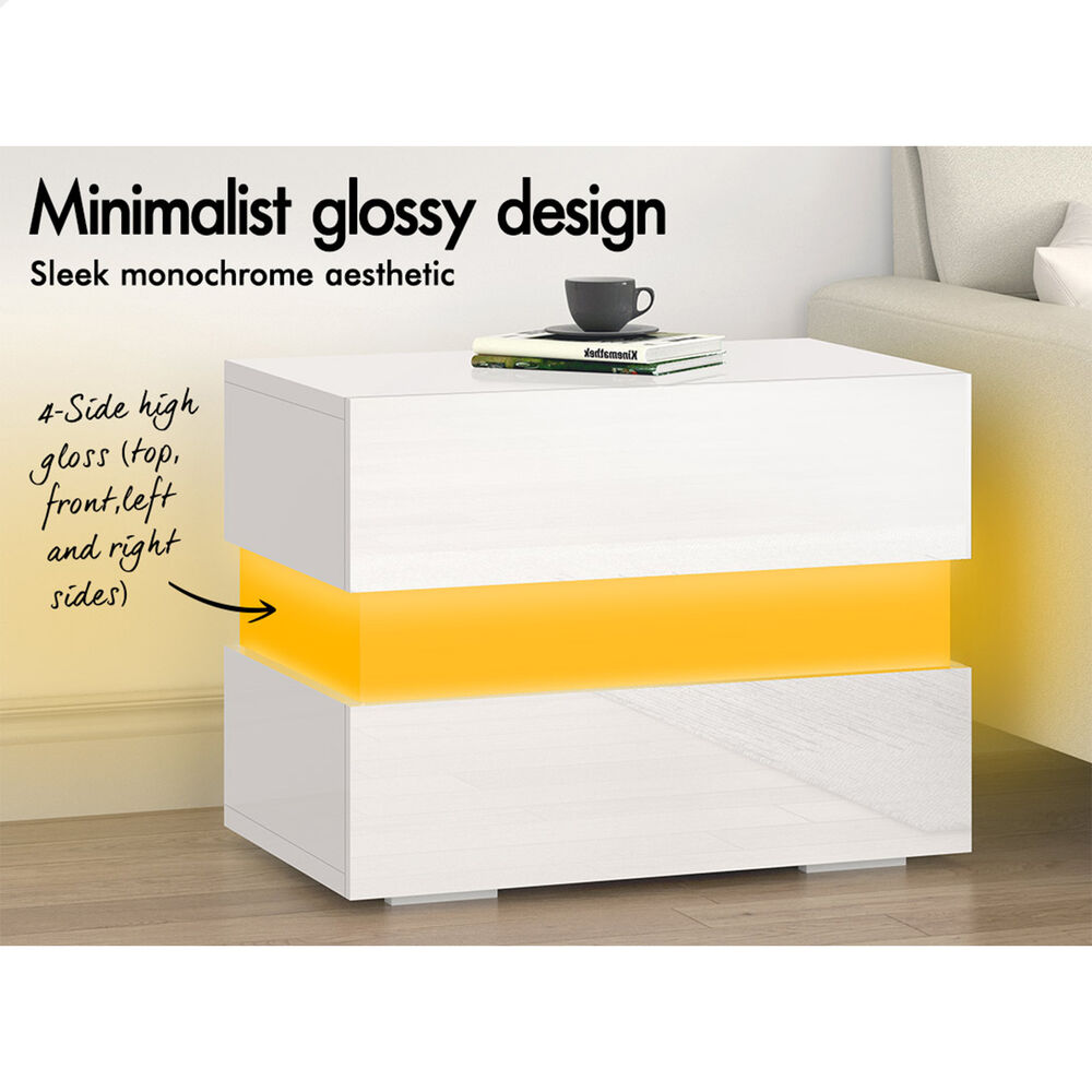 ALFORDSON Bedside Table RGB LED Nightstand 2/3 Drawers 4 Side High Gloss - Picture 38 of 111
