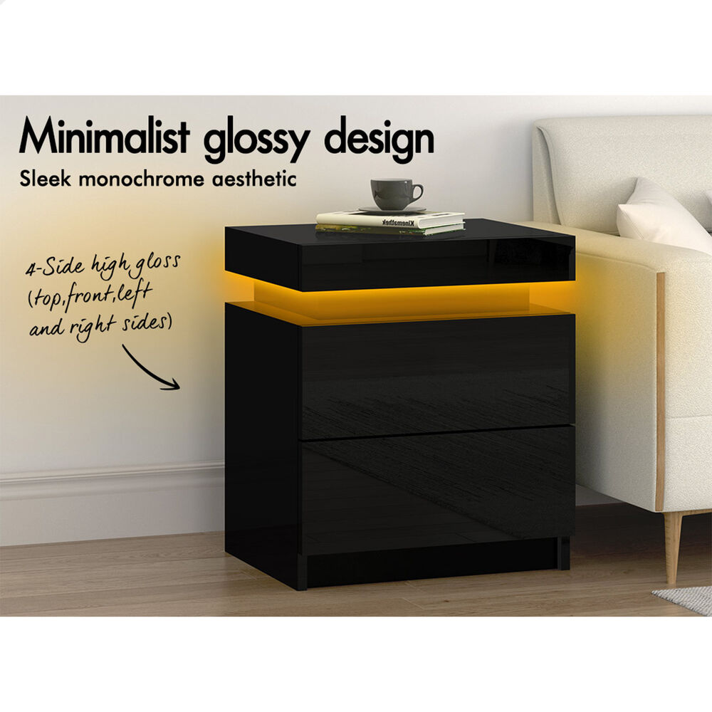 ALFORDSON Bedside Table RGB LED Nightstand 2/3 Drawers 4 Side High Gloss - Picture 49 of 111