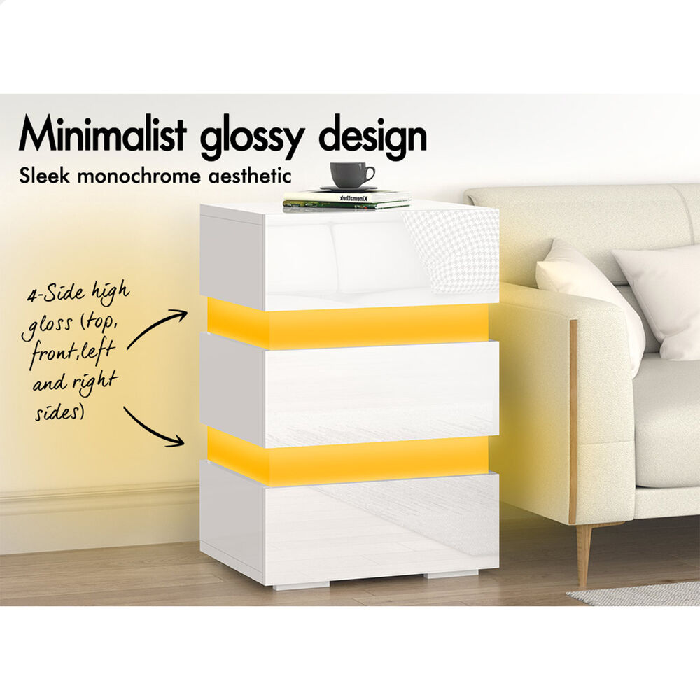 ALFORDSON Bedside Table RGB LED Nightstand 2/3 Drawers 4 Side High Gloss - Picture 16 of 111