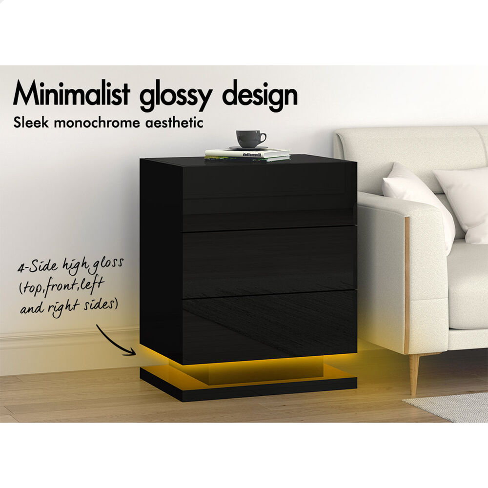 ALFORDSON Bedside Table RGB LED Nightstand 2/3 Drawers 4 Side High Gloss - Picture 92 of 111