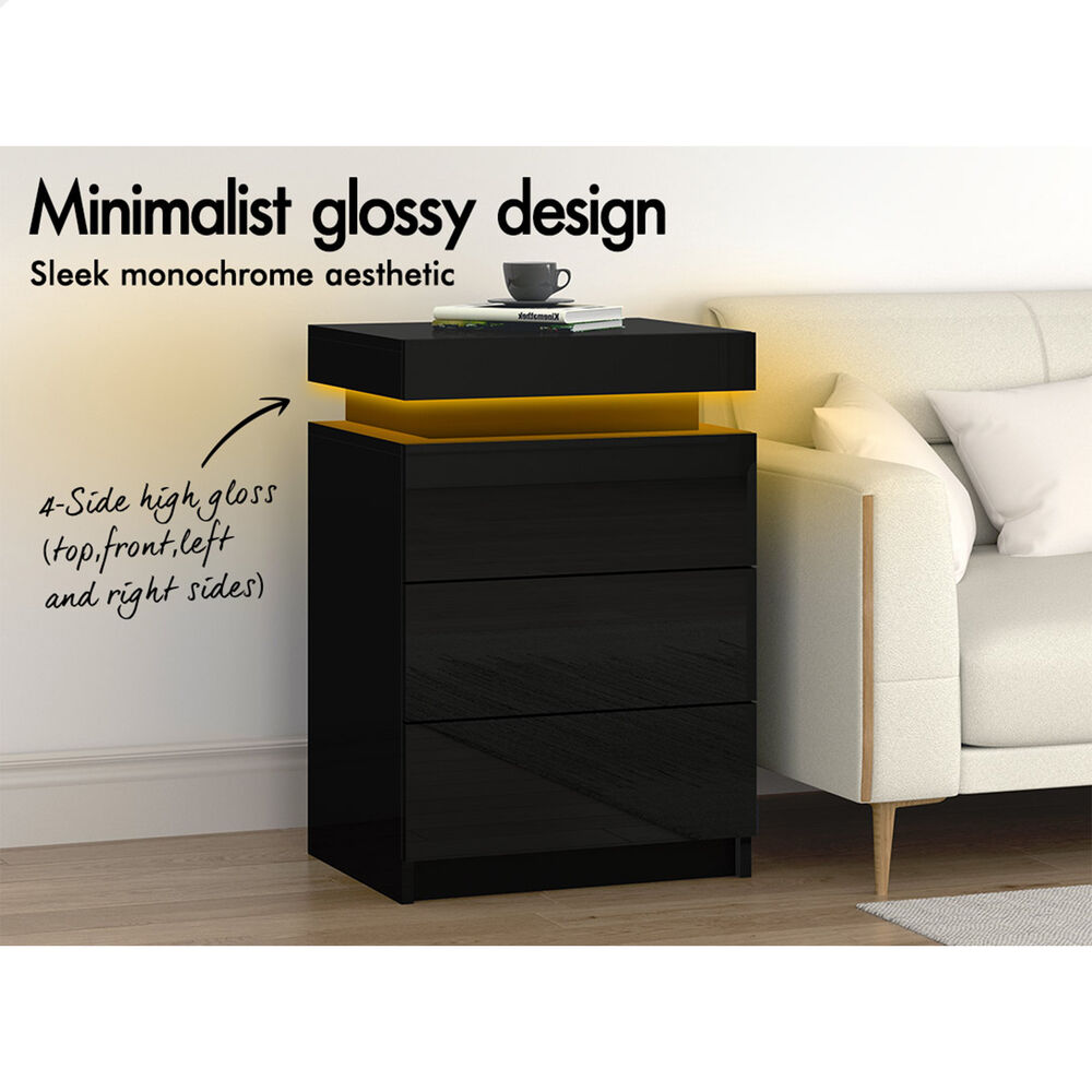 ALFORDSON Bedside Table RGB LED Nightstand 2/3 Drawers 4 Side High Gloss - Picture 70 of 111