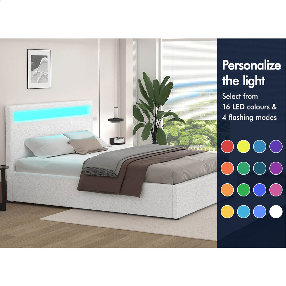 ALFORDSON Bed Frame Double Queen King RGB LED Gas Lift Storage Base Boucle - Picture 6 of 38