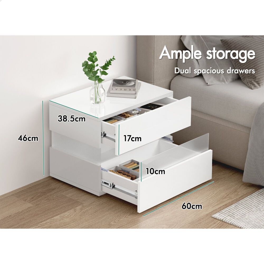 ALFORDSON Bedside Table RGB LED Nightstand 2/3 Drawers 4 Side High Gloss - Picture 39 of 111