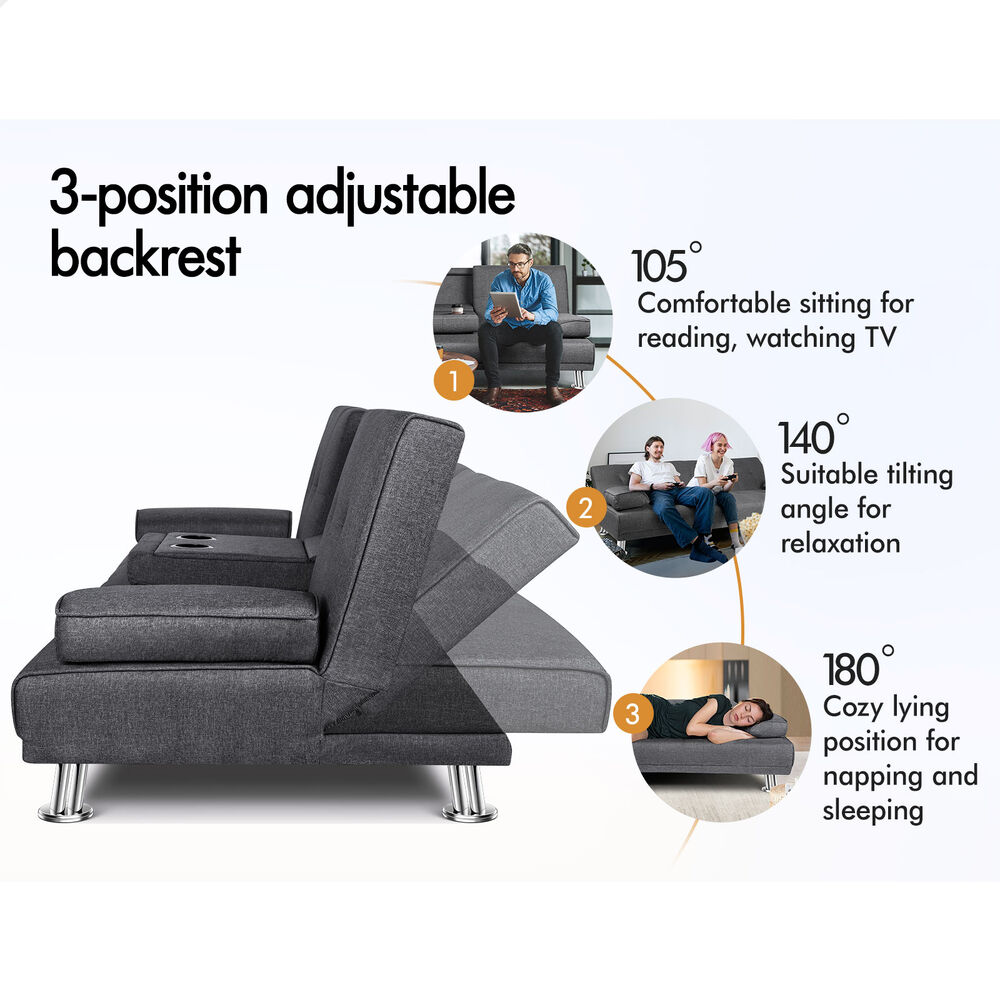ALFORDSON Sofa Bed Lounge 3 Seater Futon Couch Beds Recliner Cup Holder - Picture 7 of 27