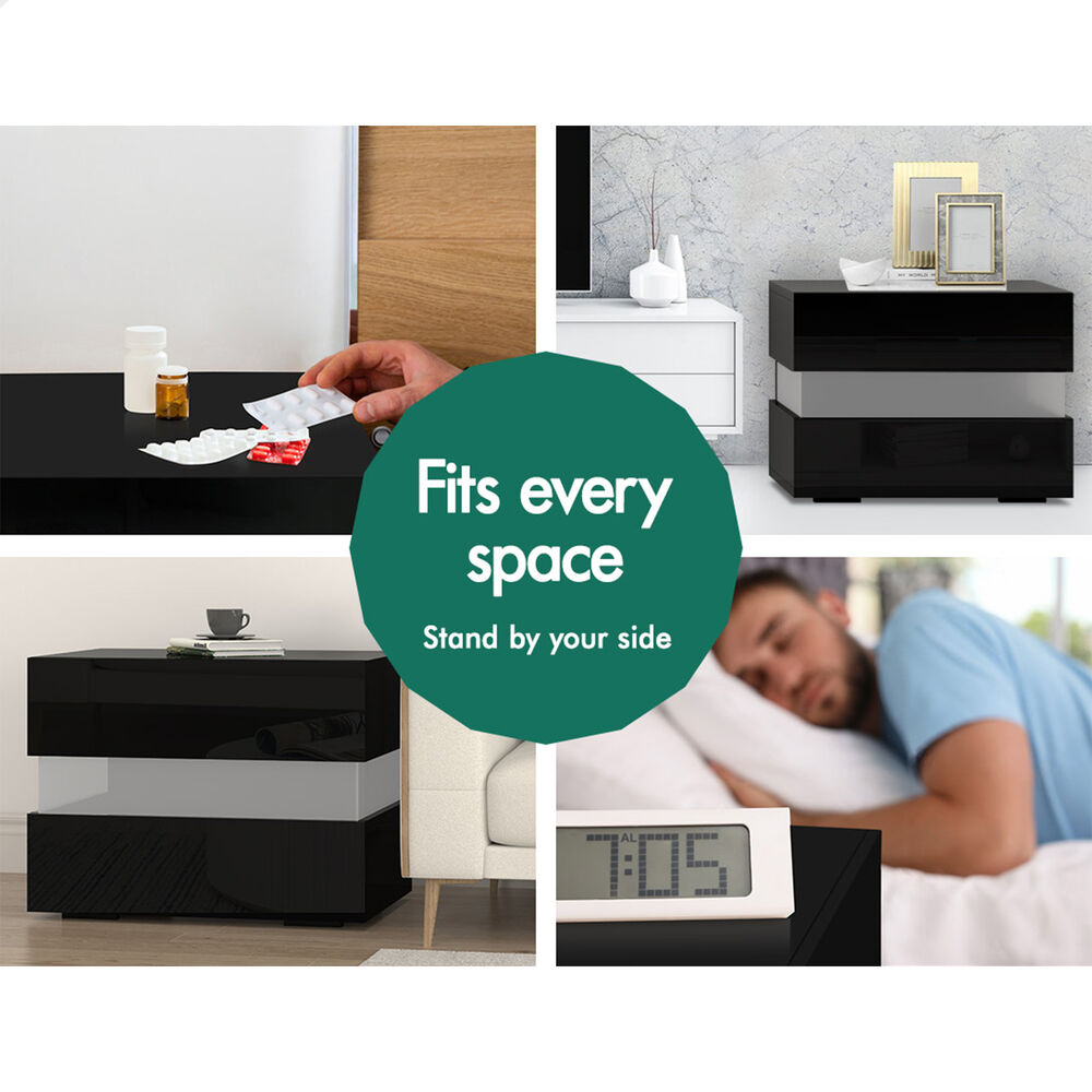 ALFORDSON Bedside Table RGB LED Nightstand 2/3 Drawers 4 Side High Gloss - Picture 29 of 111