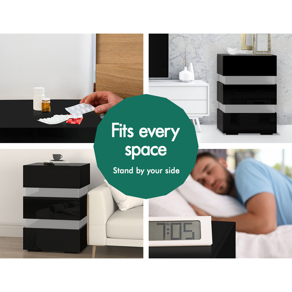 ALFORDSON Bedside Table RGB LED Nightstand 2/3 Drawers 4 Side High Gloss - Picture 7 of 111