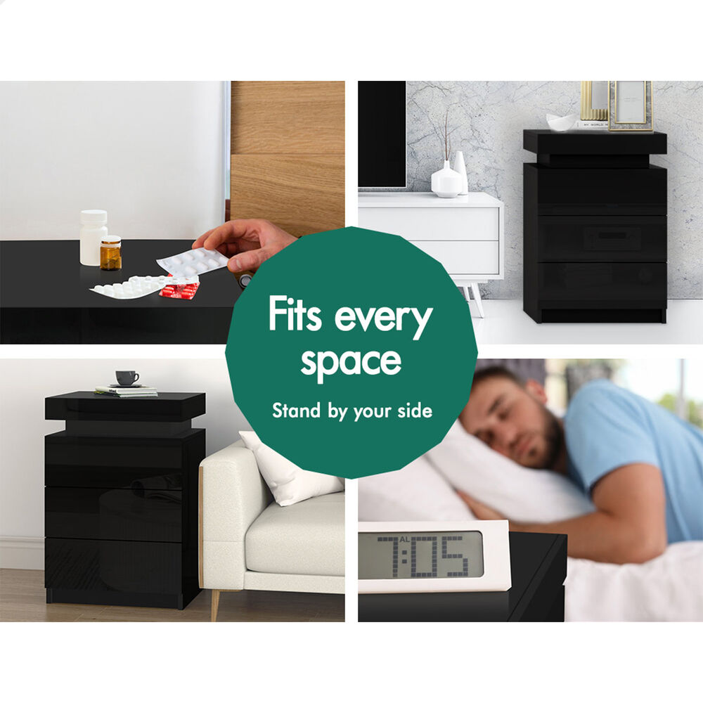 ALFORDSON Bedside Table RGB LED Nightstand 2/3 Drawers 4 Side High Gloss - Picture 72 of 111