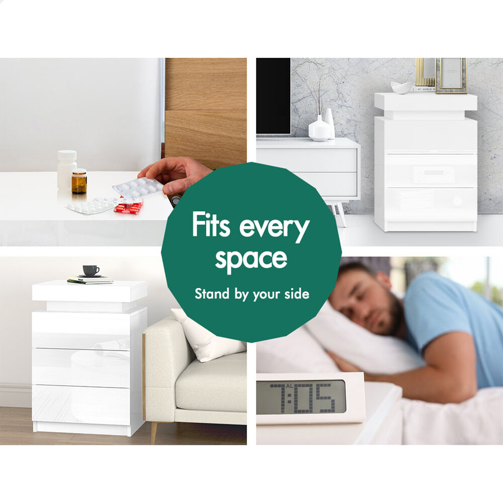 ALFORDSON Bedside Table RGB LED Nightstand 2/3 Drawers 4 Side High Gloss - Picture 83 of 111