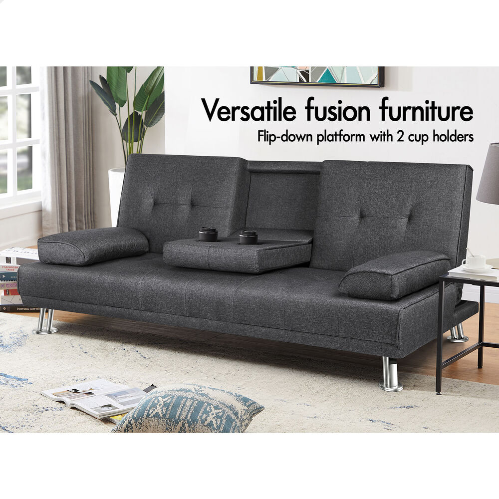 ALFORDSON Sofa Bed Lounge 3 Seater Futon Couch Beds Recliner Cup Holder - Picture 8 of 27