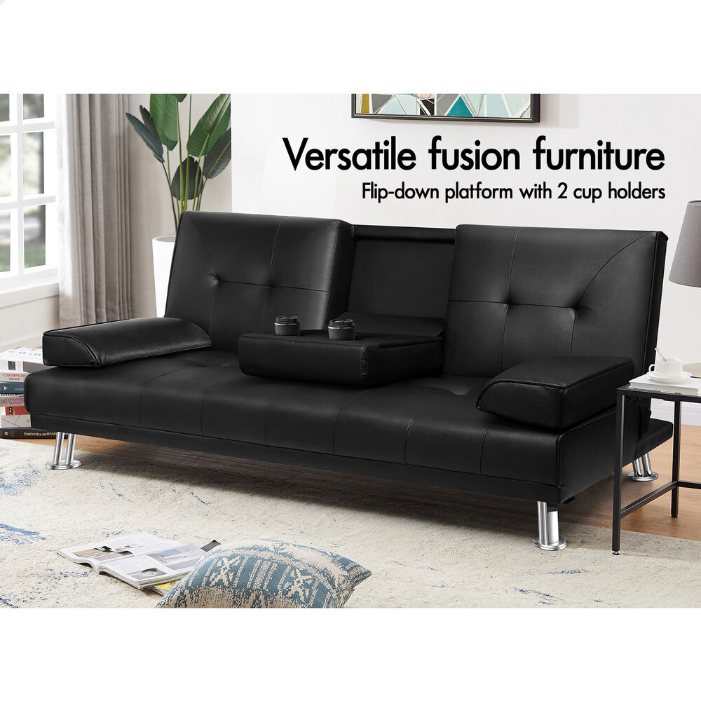 ALFORDSON Sofa Bed Lounge 3 Seater Futon Couch Beds Recliner Cup Holder - Picture 20 of 27