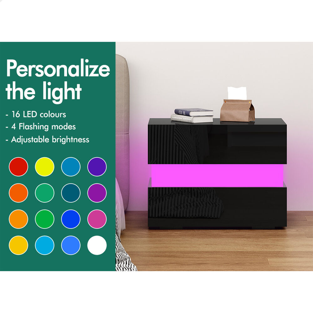 ALFORDSON Bedside Table RGB LED Nightstand 2/3 Drawers 4 Side High Gloss - Picture 30 of 111