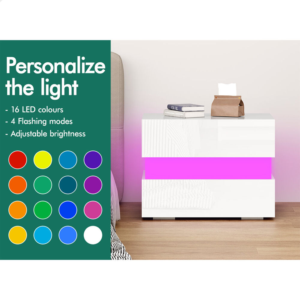 ALFORDSON Bedside Table RGB LED Nightstand 2/3 Drawers 4 Side High Gloss - Picture 41 of 111