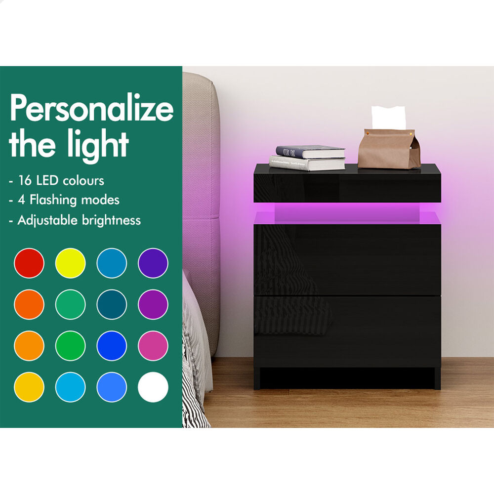 ALFORDSON Bedside Table RGB LED Nightstand 2/3 Drawers 4 Side High Gloss - Picture 52 of 111