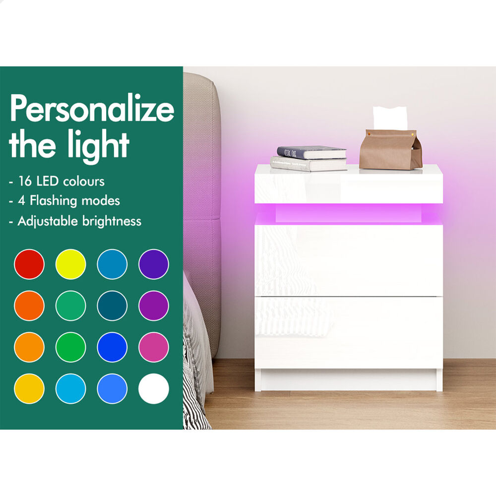 ALFORDSON Bedside Table RGB LED Nightstand 2/3 Drawers 4 Side High Gloss - Picture 62 of 111
