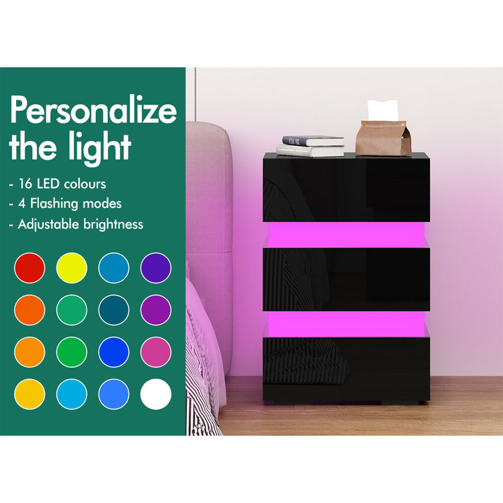 ALFORDSON Bedside Table RGB LED Nightstand 2/3 Drawers 4 Side High Gloss - Picture 8 of 111