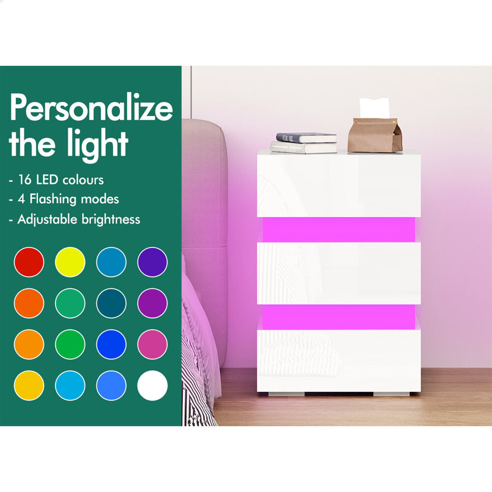 ALFORDSON Bedside Table RGB LED Nightstand 2/3 Drawers 4 Side High Gloss - Picture 19 of 111