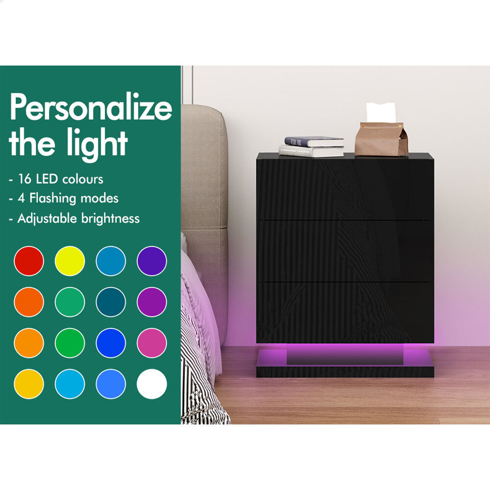 ALFORDSON Bedside Table RGB LED Nightstand 2/3 Drawers 4 Side High Gloss - Picture 95 of 111