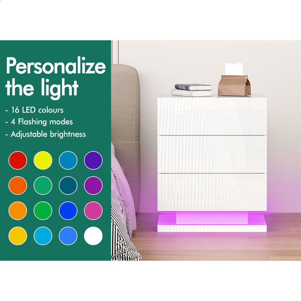 ALFORDSON Bedside Table RGB LED Nightstand 2/3 Drawers 4 Side High Gloss - Picture 106 of 111