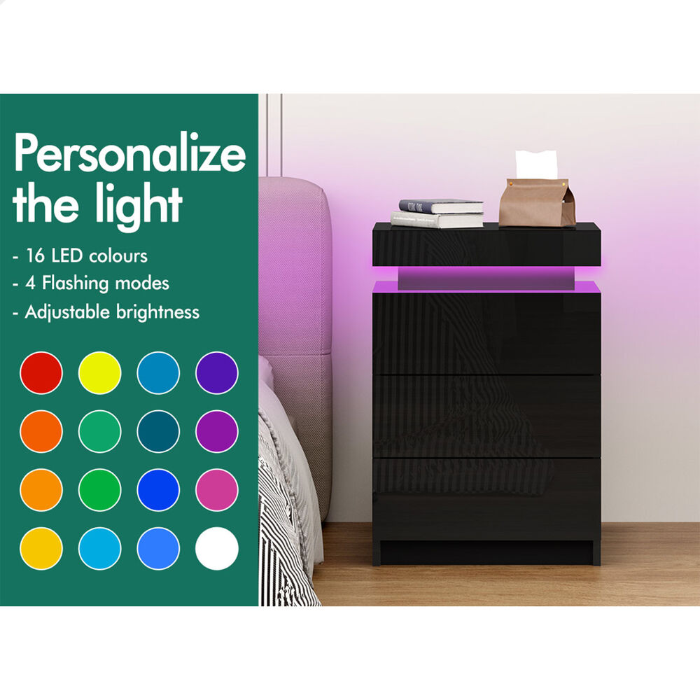 ALFORDSON Bedside Table RGB LED Nightstand 2/3 Drawers 4 Side High Gloss - Picture 73 of 111