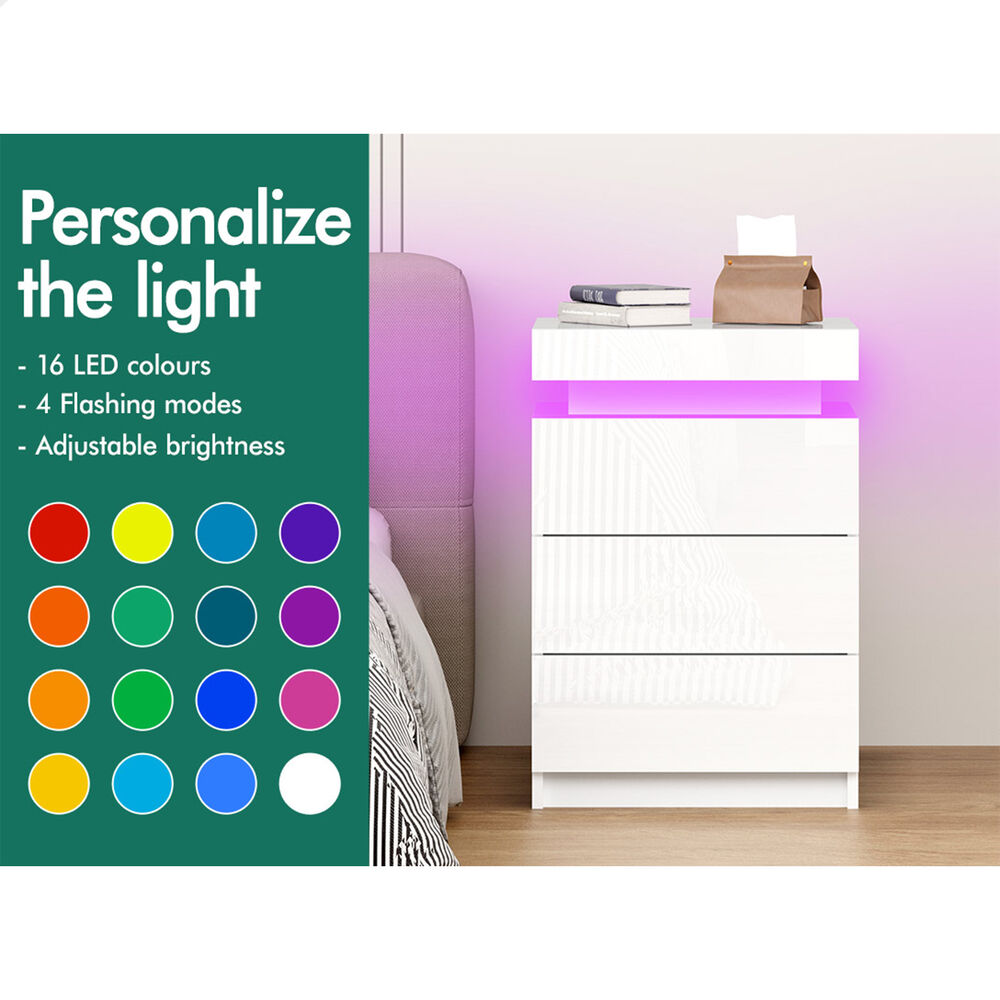 ALFORDSON Bedside Table RGB LED Nightstand 2/3 Drawers 4 Side High Gloss - Picture 84 of 111