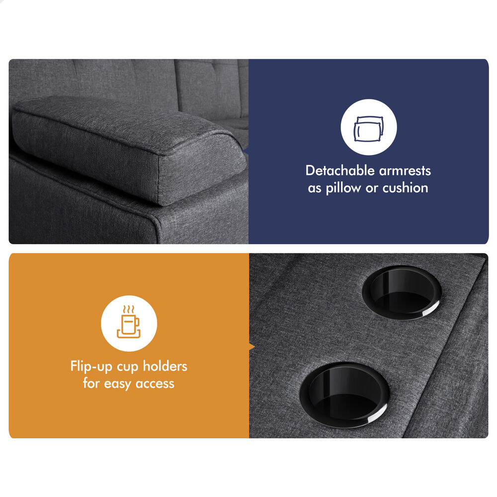 ALFORDSON Sofa Bed Lounge 3 Seater Futon Couch Beds Recliner Cup Holder - Picture 9 of 27