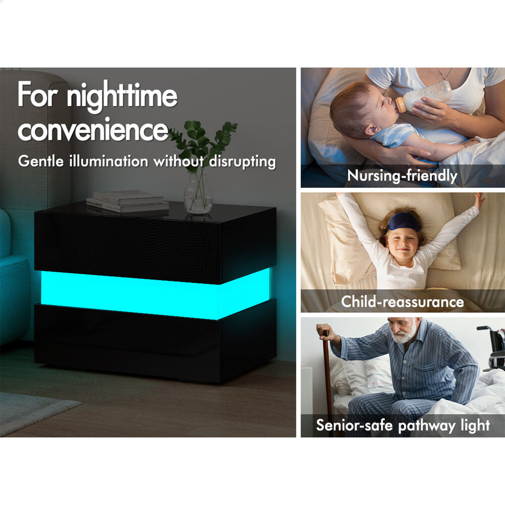 ALFORDSON Bedside Table RGB LED Nightstand 2/3 Drawers 4 Side High Gloss - Picture 32 of 111