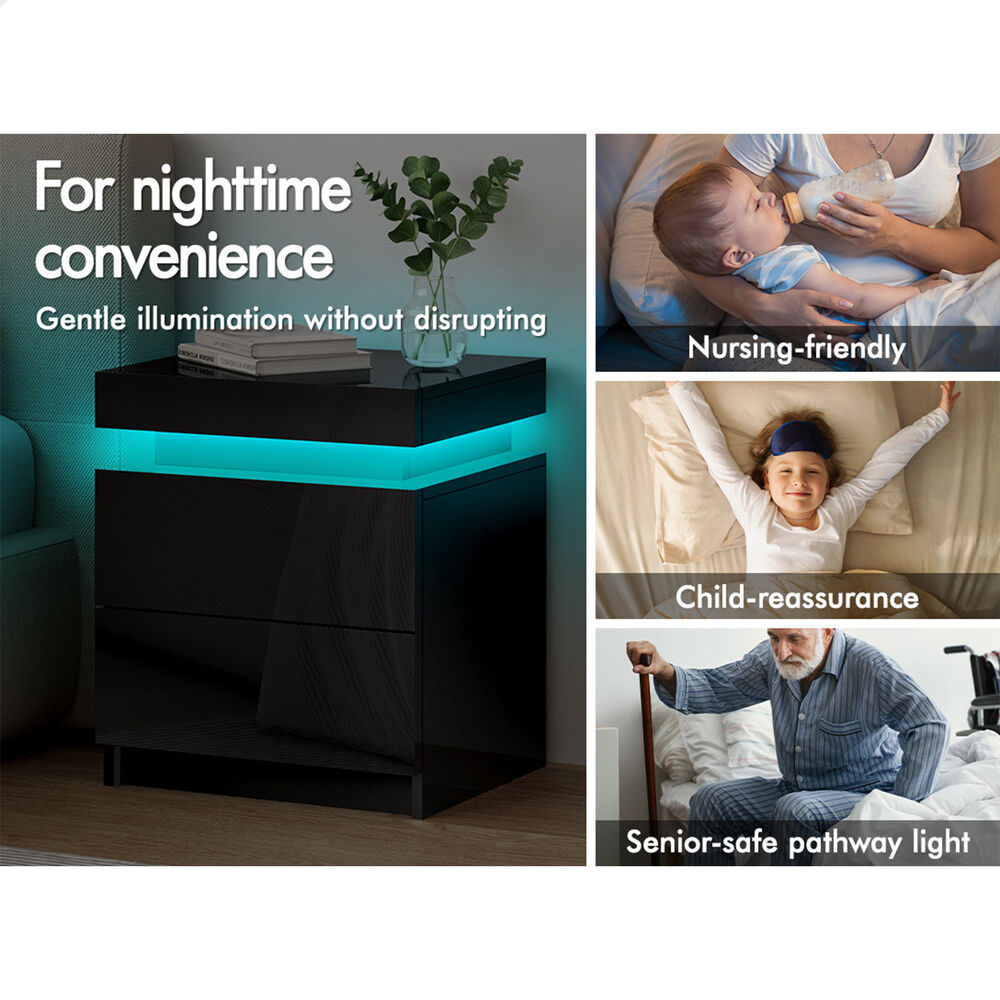 ALFORDSON Bedside Table RGB LED Nightstand 2/3 Drawers 4 Side High Gloss - Picture 54 of 111