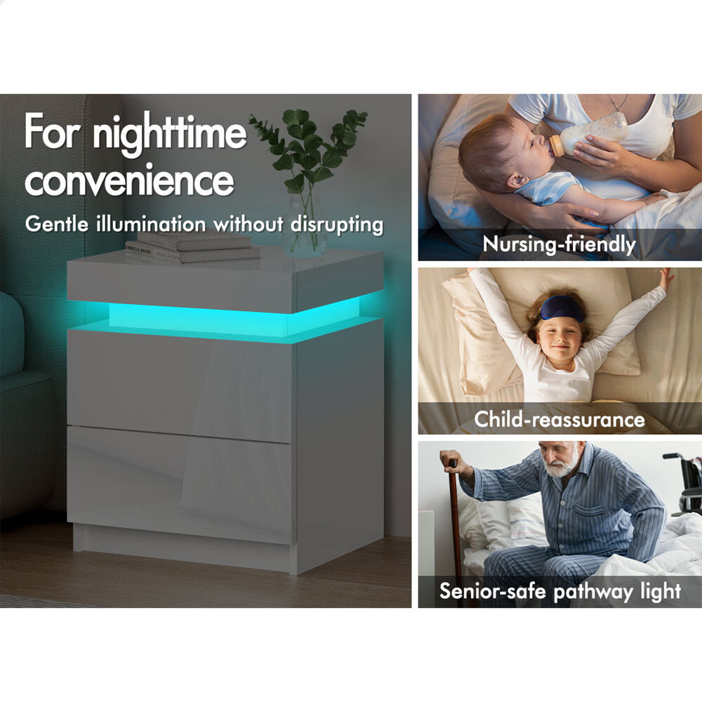 ALFORDSON Bedside Table RGB LED Nightstand 2/3 Drawers 4 Side High Gloss - Picture 64 of 111
