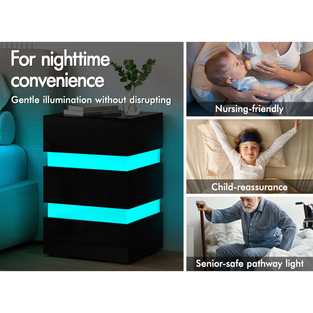 ALFORDSON Bedside Table RGB LED Nightstand 2/3 Drawers 4 Side High Gloss - Picture 10 of 111
