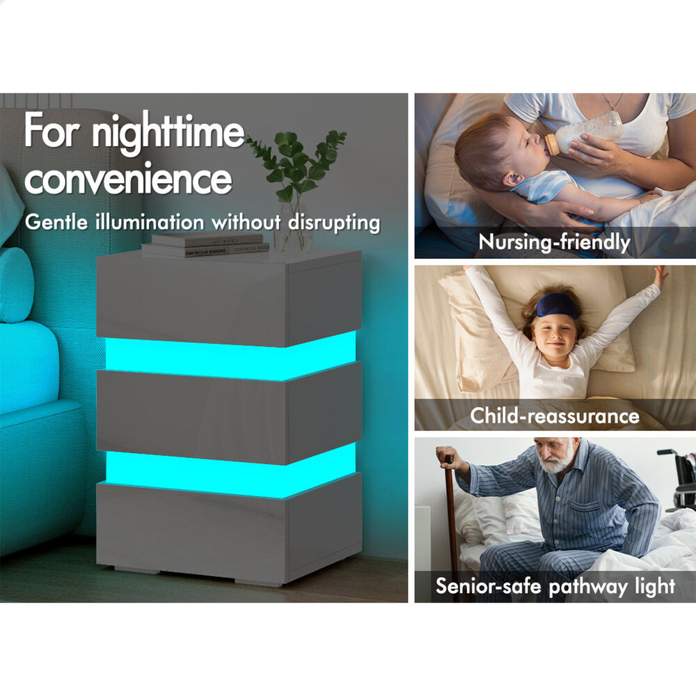 ALFORDSON Bedside Table RGB LED Nightstand 2/3 Drawers 4 Side High Gloss - Picture 21 of 111