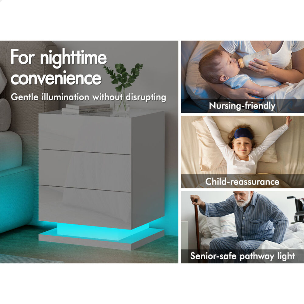 ALFORDSON Bedside Table RGB LED Nightstand 2/3 Drawers 4 Side High Gloss - Picture 108 of 111