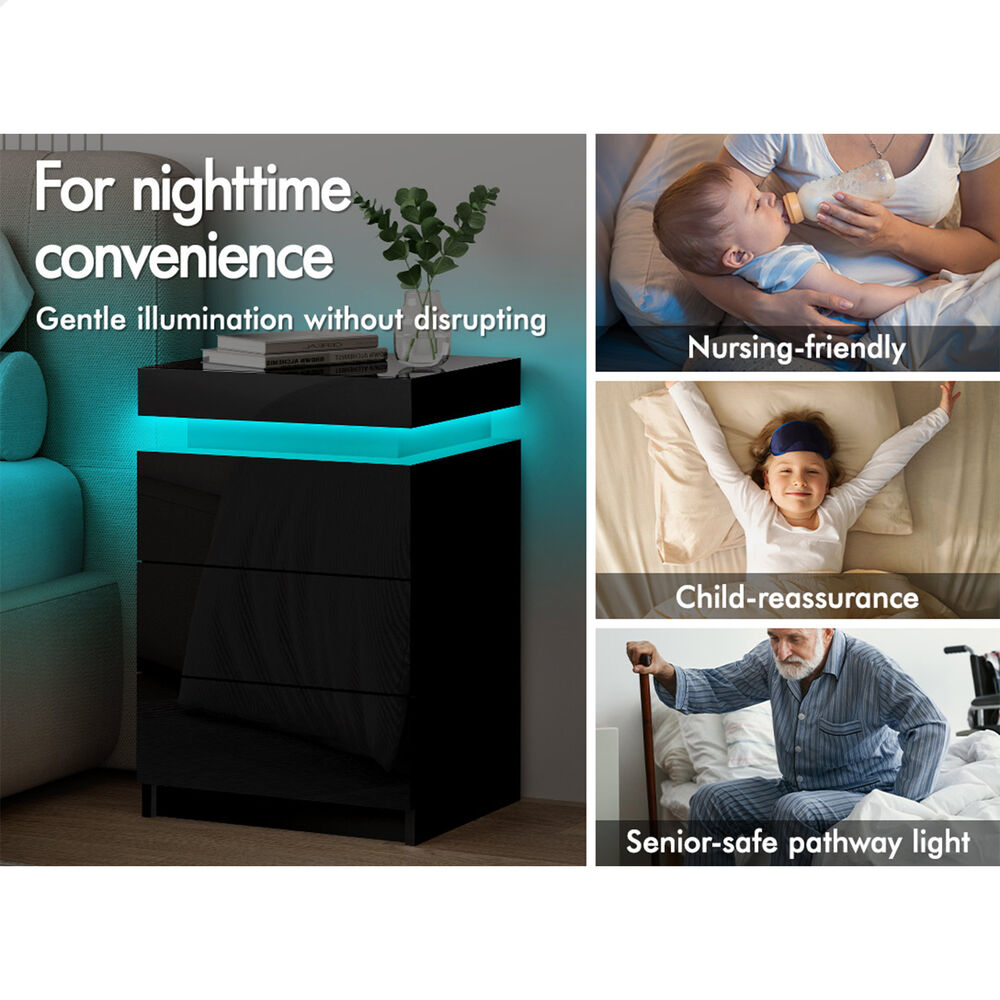 ALFORDSON Bedside Table RGB LED Nightstand 2/3 Drawers 4 Side High Gloss - Picture 75 of 111