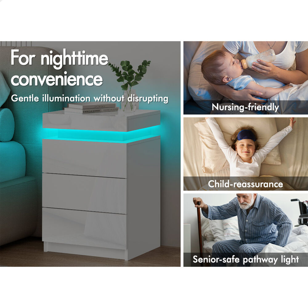 ALFORDSON Bedside Table RGB LED Nightstand 2/3 Drawers 4 Side High Gloss - Picture 86 of 111
