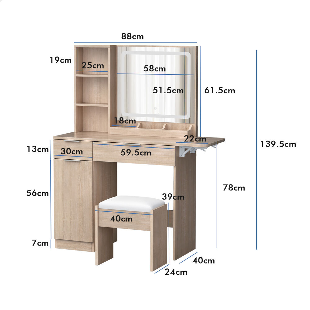 ALFORDSON Dressing Table Stool Set LED Vanity Desk Makeup Mirror Drawer Bedroom - Picture 26 of 42