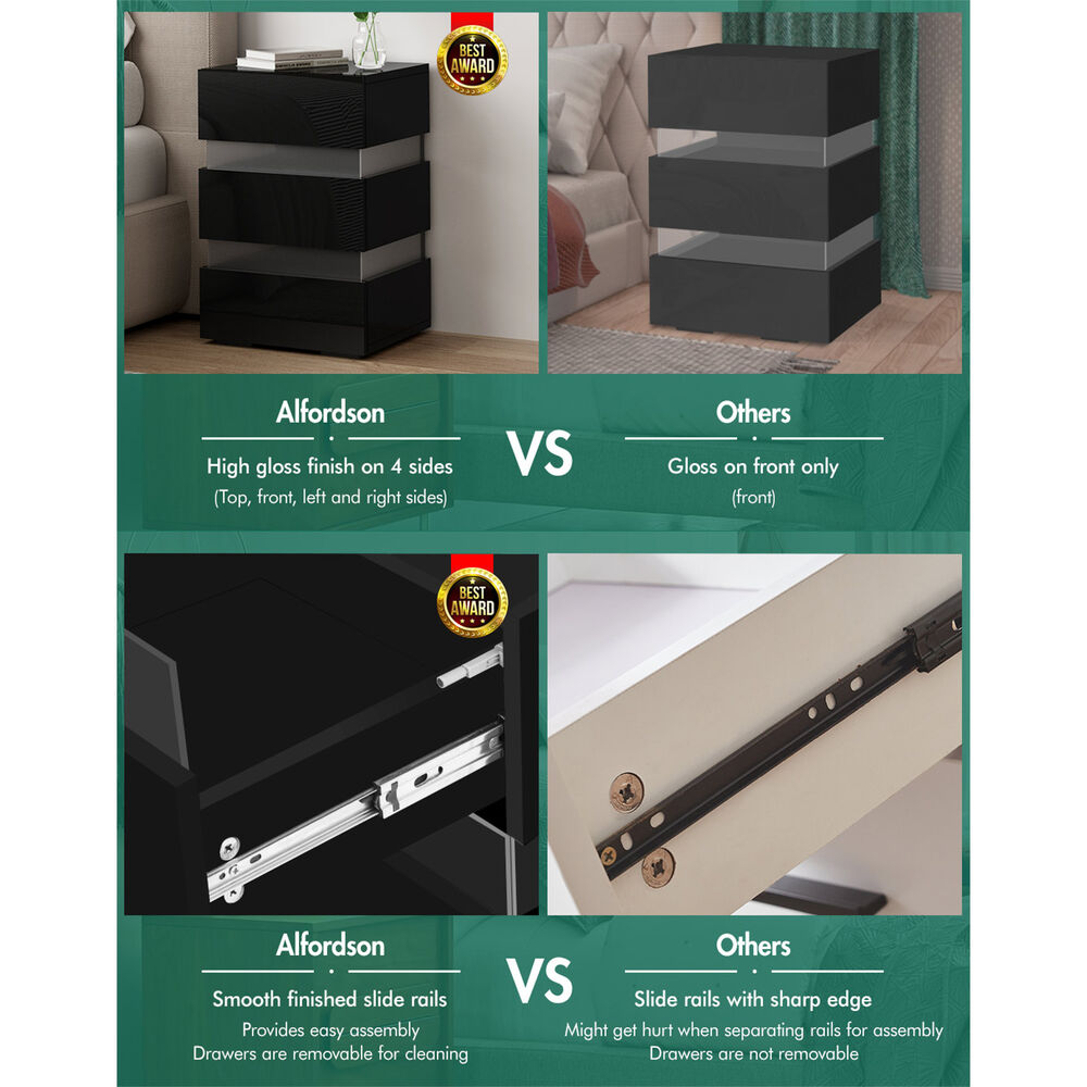 ALFORDSON Bedside Table RGB LED Nightstand 2/3 Drawers 4 Side High Gloss - Picture 11 of 111