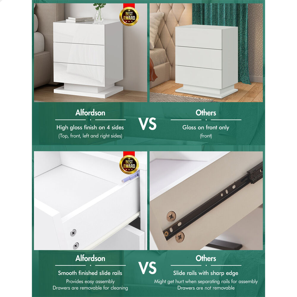 ALFORDSON Bedside Table RGB LED Nightstand 2/3 Drawers 4 Side High Gloss - Picture 109 of 111