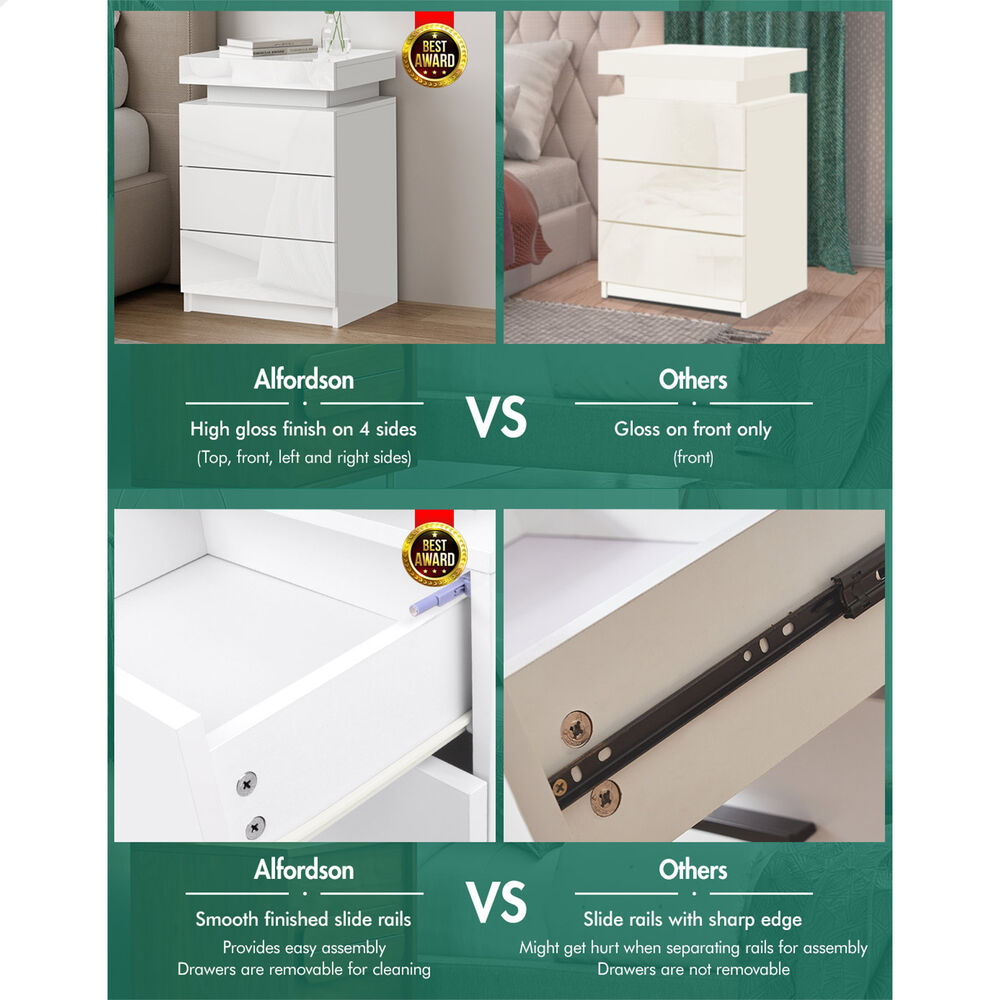 ALFORDSON Bedside Table RGB LED Nightstand 2/3 Drawers 4 Side High Gloss - Picture 87 of 111