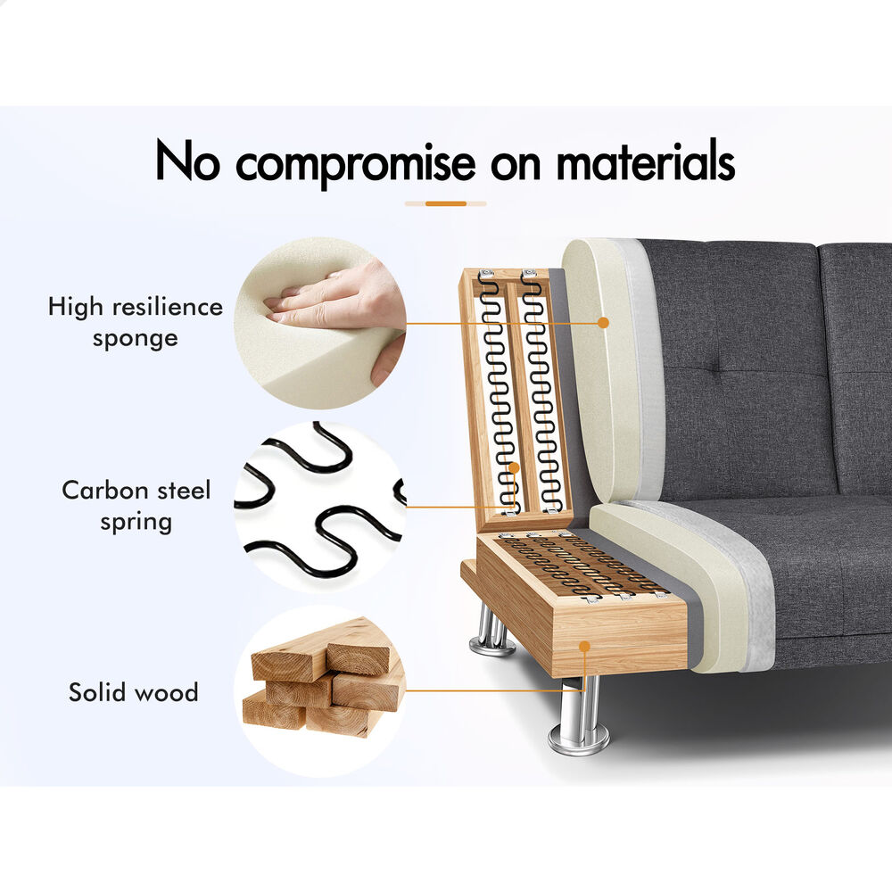 ALFORDSON Sofa Bed Lounge 3 Seater Futon Couch Beds Recliner Cup Holder - Picture 12 of 27