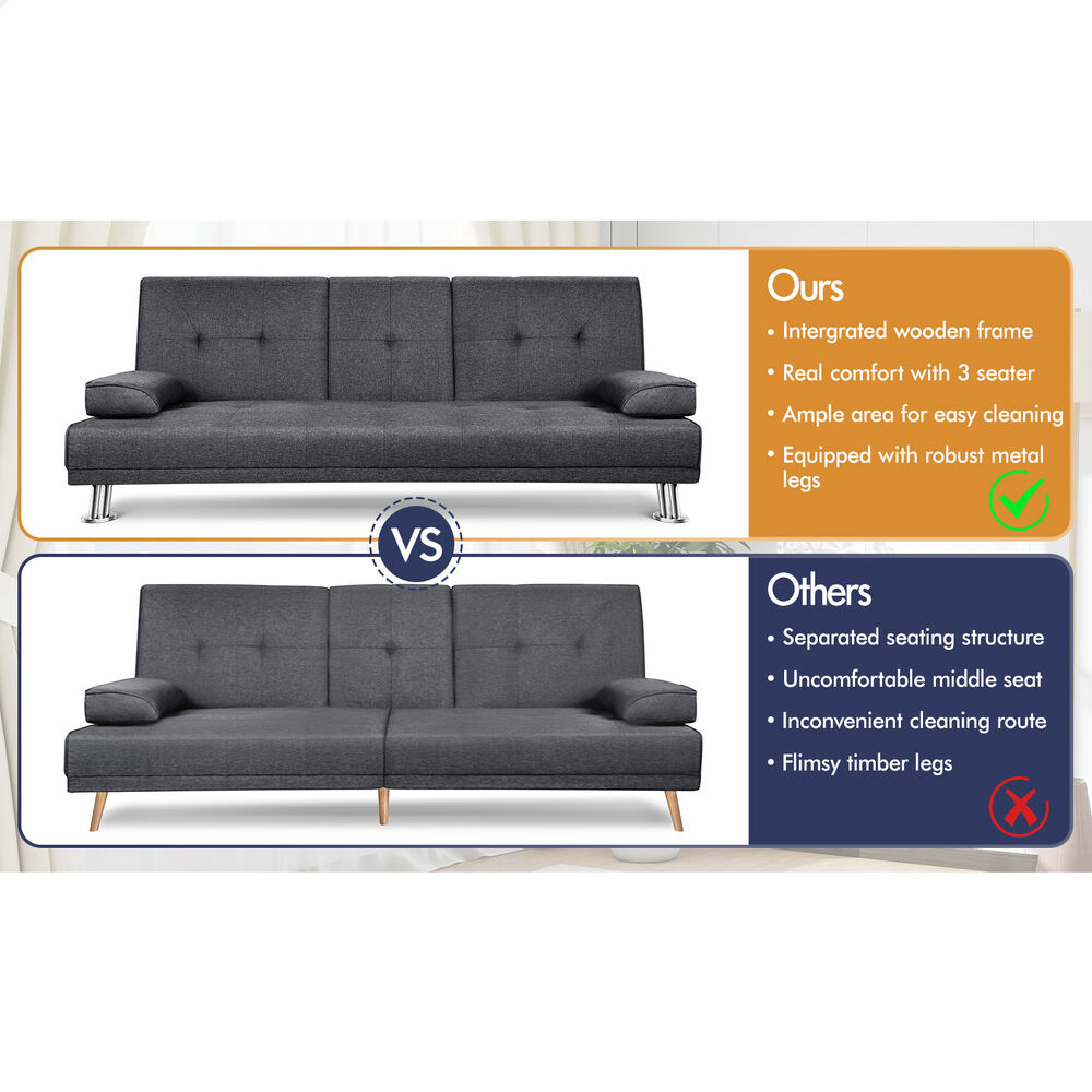 ALFORDSON Sofa Bed Lounge 3 Seater Futon Couch Beds Recliner Cup Holder - Picture 13 of 27
