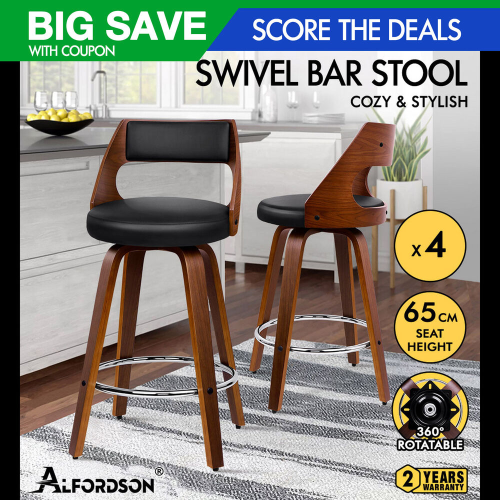 ALFORDSON 4x Swivel Bar Stools Eden Kitchen Wooden Dining Chair BLACK