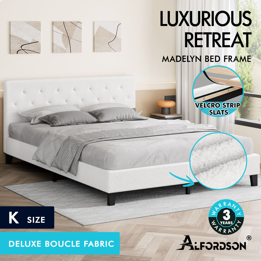 ALFORDSON Bed Frame Queen Double King Single Wooden Base Platform White Boucle - Picture 15 of 62